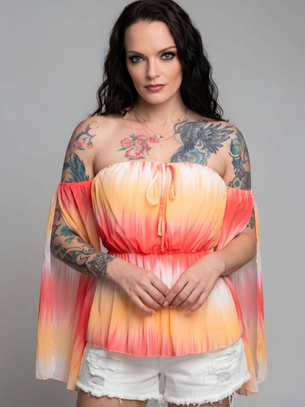 SHEIN ✦ Off-Shoulder Top ✦ Tie-Dye Gradient Boho Bell Sleeve Summer Blouse M NWT